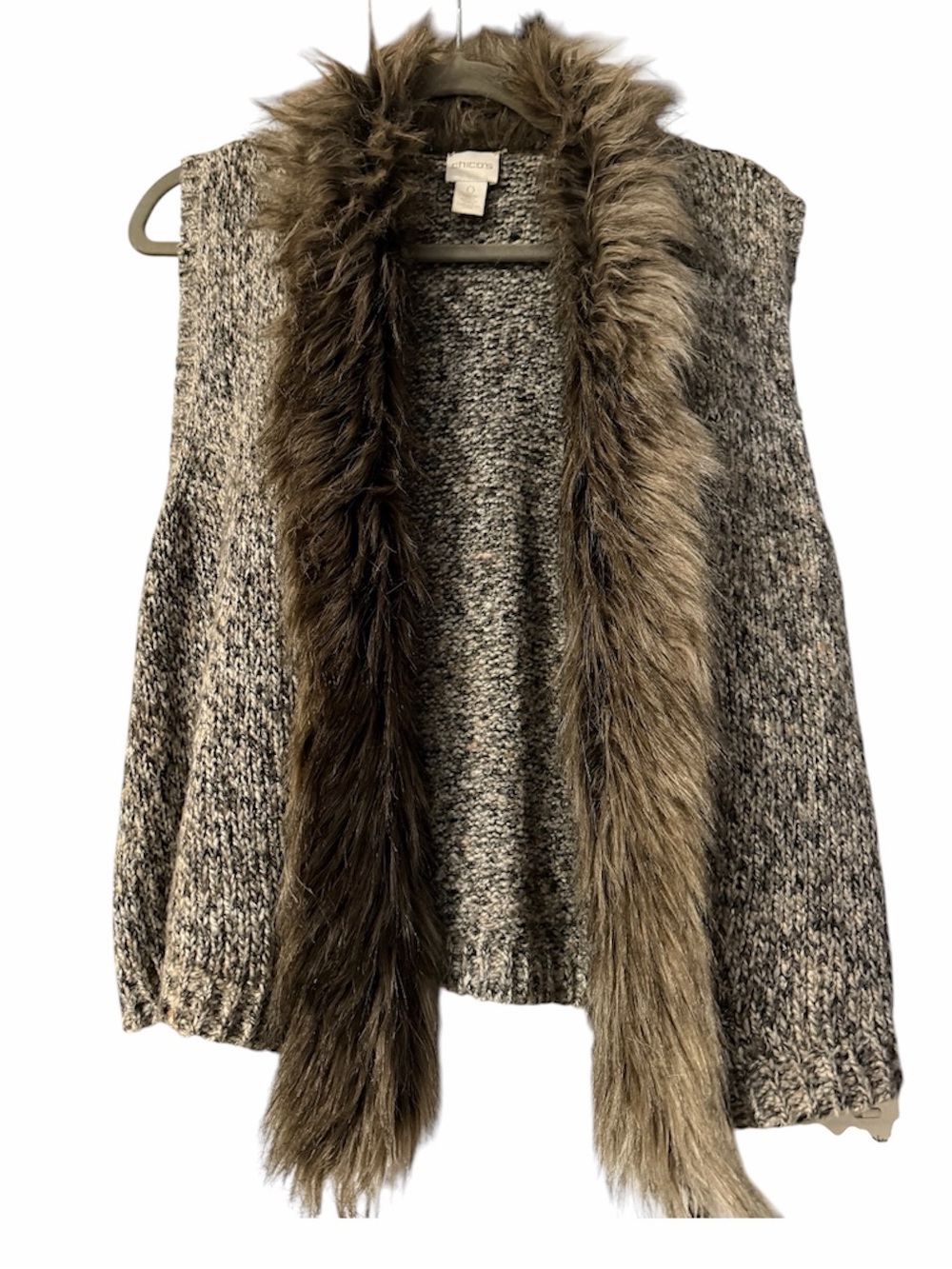 Chico's Faux Fur Trim Fringe Knit Topper Sweater Vest Gray Brown Size 0 (XS/S)